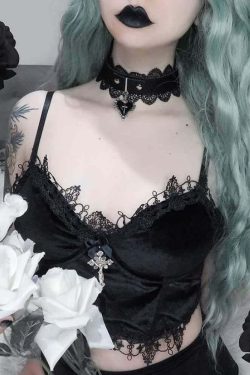 Y2K Gothic Lace Velvet Cami Crop Top - 90s Grunge, Retro Summer, Party & Club Outfits