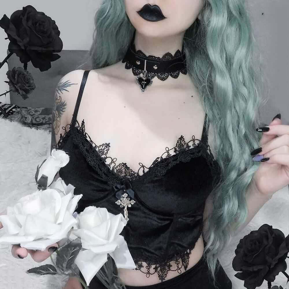 Y2K Gothic Lace Velvet Cami Crop Top - 90s Grunge, Retro Summer, Party & Club Outfits