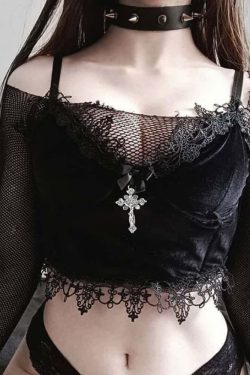 Y2K Gothic Lace Velvet Cami Crop Top - 90s Grunge, Retro Summer, Party & Club Outfits