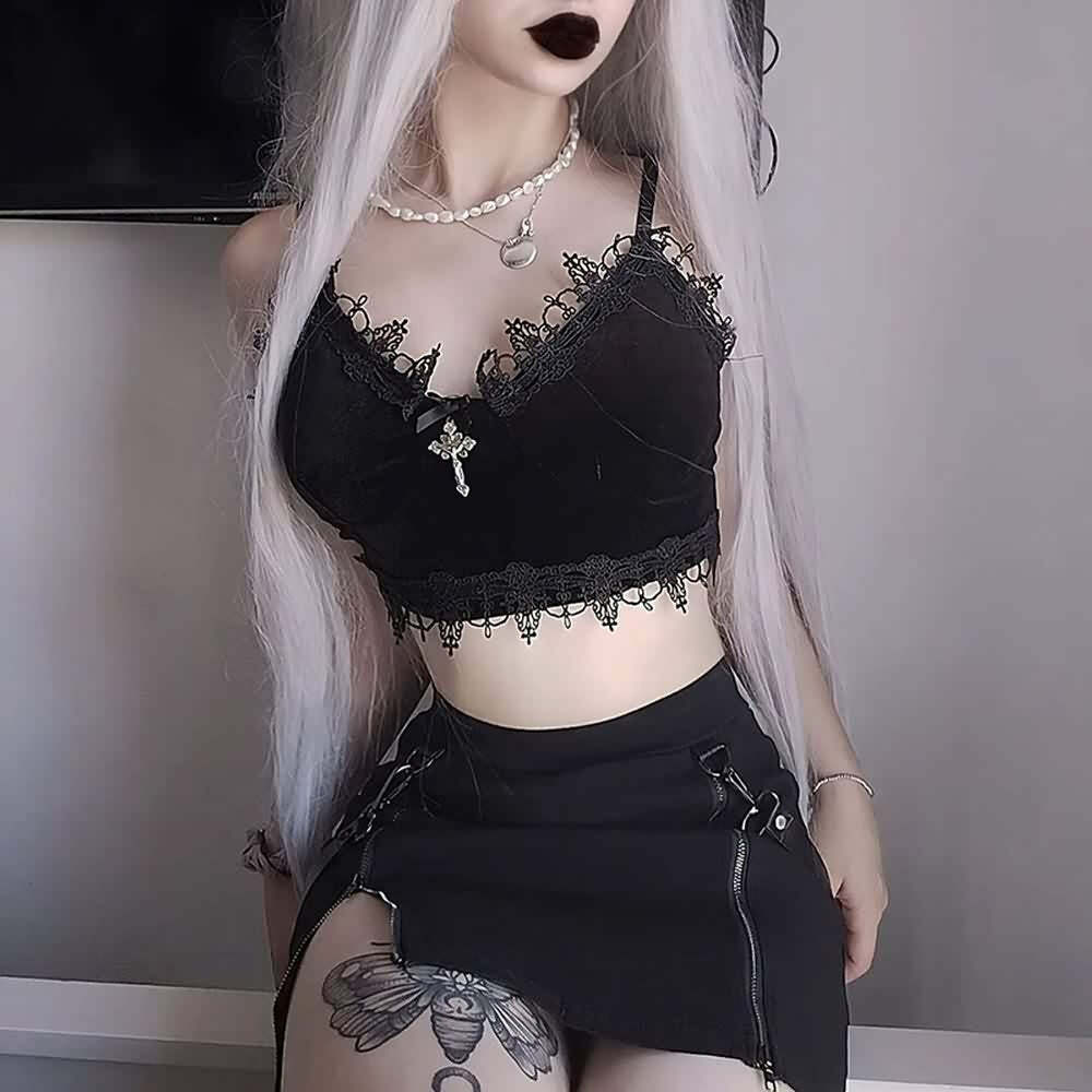 Y2K Gothic Lace Velvet Cami Crop Top - 90s Grunge, Retro Summer, Party & Club Outfits