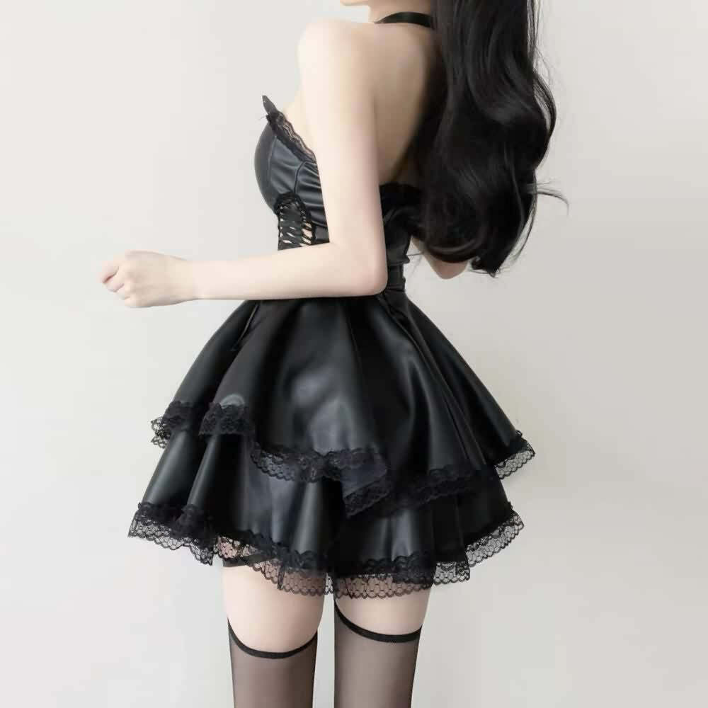 Y2K Gothic Leather Lace Trim Strapless Tiered Mini Dress - 90s Grunge Party Outfit