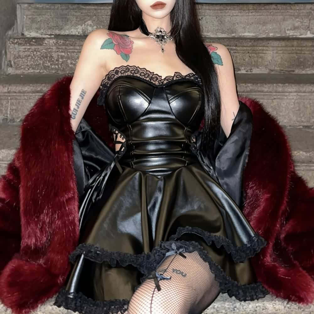 Y2K Gothic Leather Lace Trim Strapless Tiered Mini Dress - 90s Grunge Party Outfit
