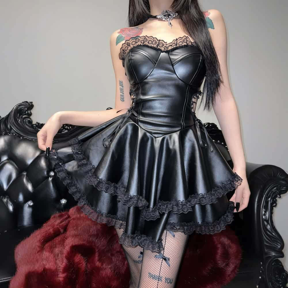 Y2K Gothic Leather Lace Trim Strapless Tiered Mini Dress - 90s Grunge Party Outfit