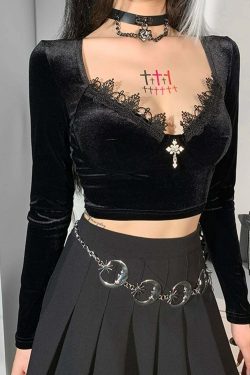 Y2K Gothic Long Sleeve Lace Trim Top - Perfect for 90s Grunge, Retro, and Summer Y2K Outfits