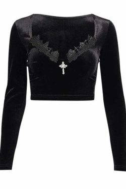 Y2K Gothic Long Sleeve Lace Trim Top - Perfect for 90s Grunge, Retro, and Summer Y2K Outfits