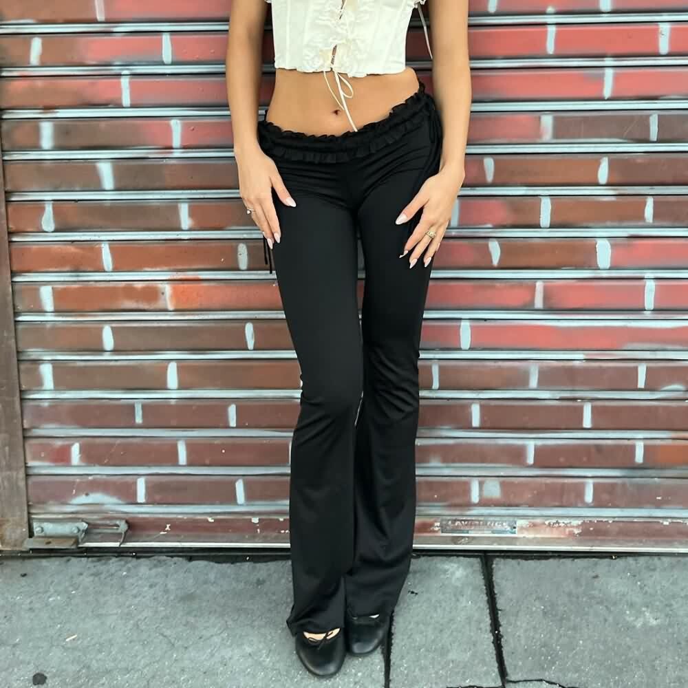 Y2K Gothic Low Rise Paperbag Waist Flare Pants - Retro 90s Grunge Summer Outfit