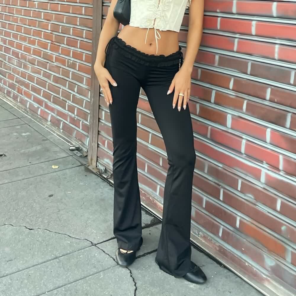 Y2K Gothic Low Rise Paperbag Waist Flare Pants - Retro 90s Grunge Summer Outfit