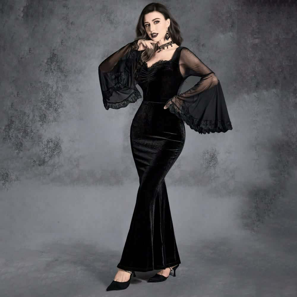 Y2K Gothic Mesh Bell Sleeve Velvet Maxi Dress - Retro 90s Grunge Party Outfit