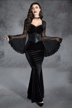 Y2K Gothic Mesh Bell Sleeve Velvet Maxi Dress - Retro 90s Grunge Party Outfit
