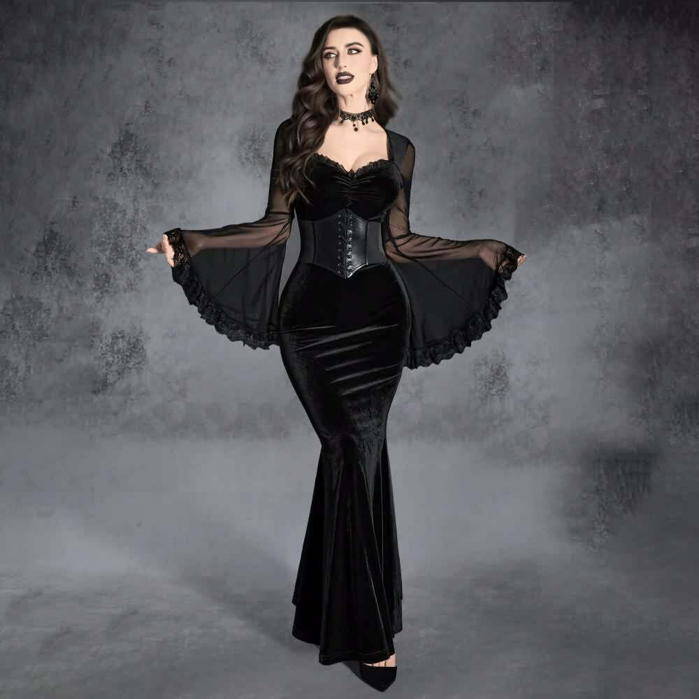 Y2K Gothic Mesh Bell Sleeve Velvet Maxi Dress - Retro 90s Grunge Party Outfit