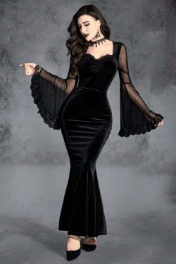 Y2K Gothic Mesh Bell Sleeve Velvet Maxi Dress - Retro 90s Grunge Party Outfit