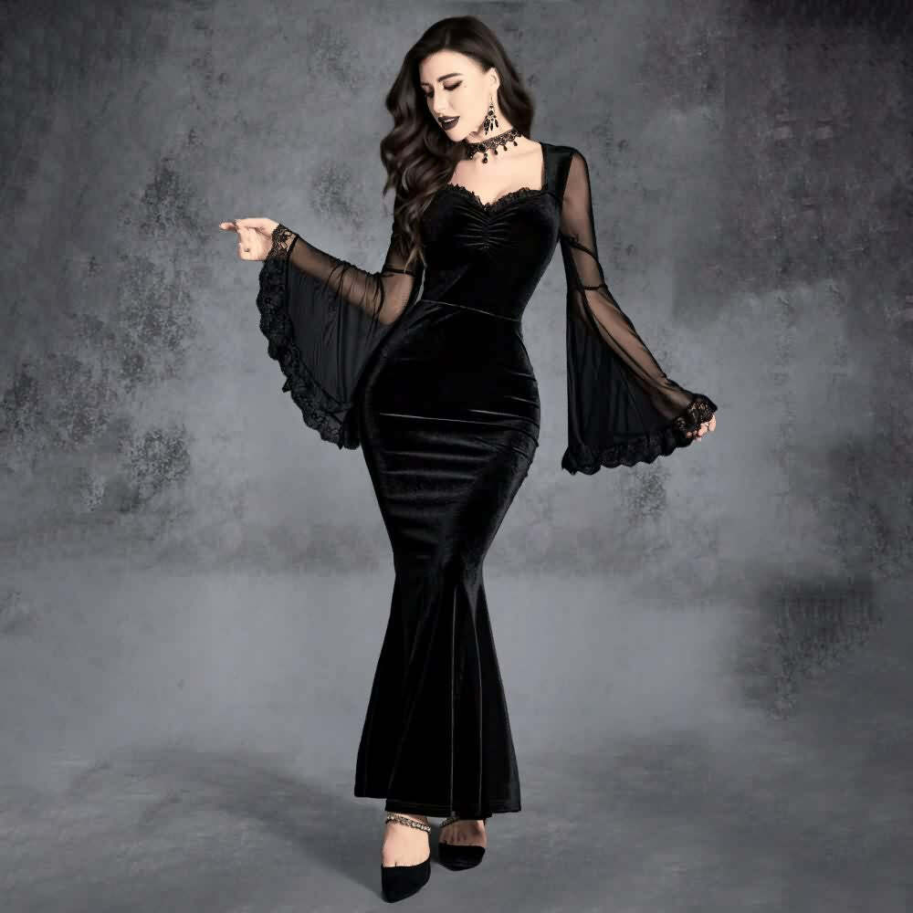 Y2K Gothic Mesh Bell Sleeve Velvet Maxi Dress - Retro 90s Grunge Party Outfit