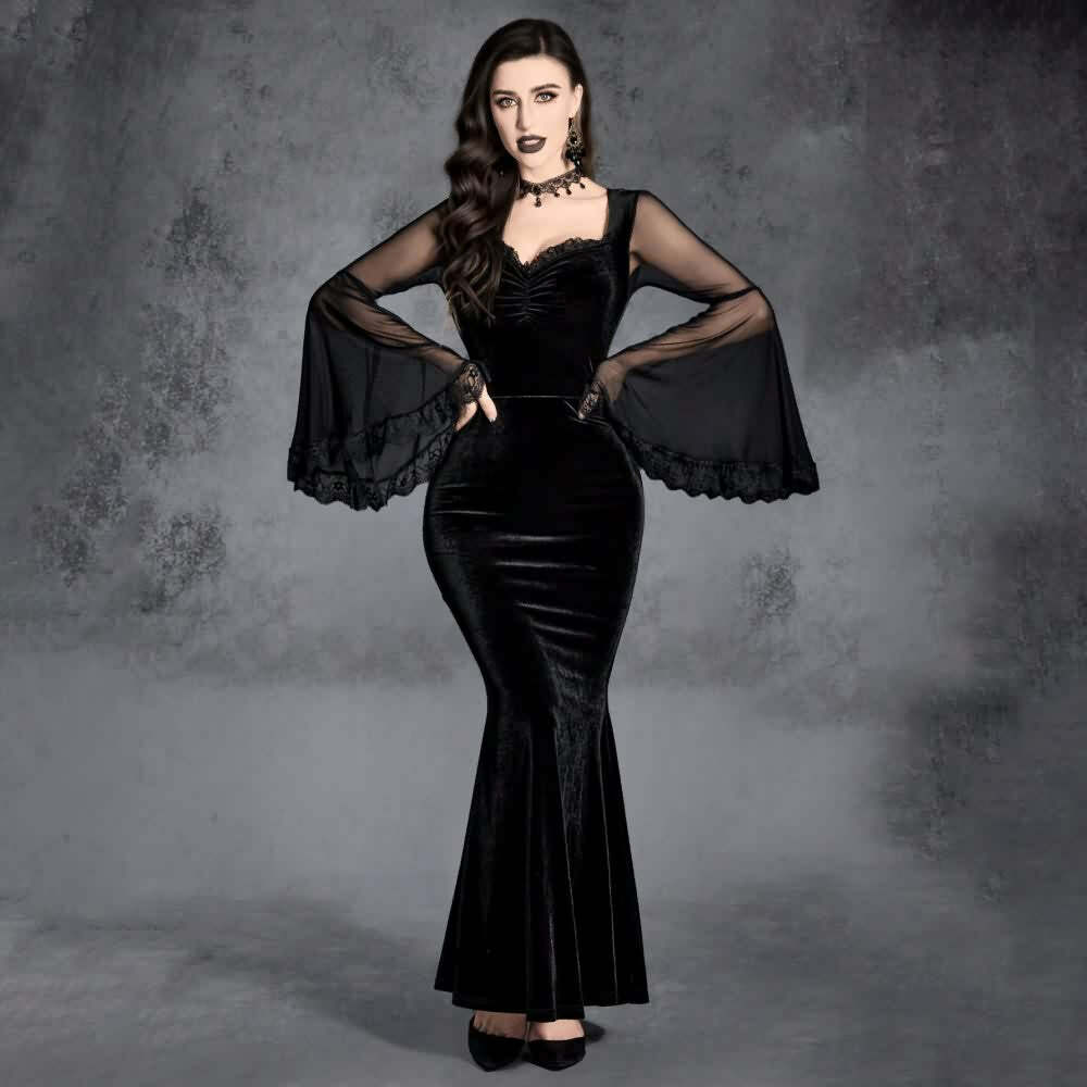 Y2K Gothic Mesh Bell Sleeve Velvet Maxi Dress - Retro 90s Grunge Party Outfit