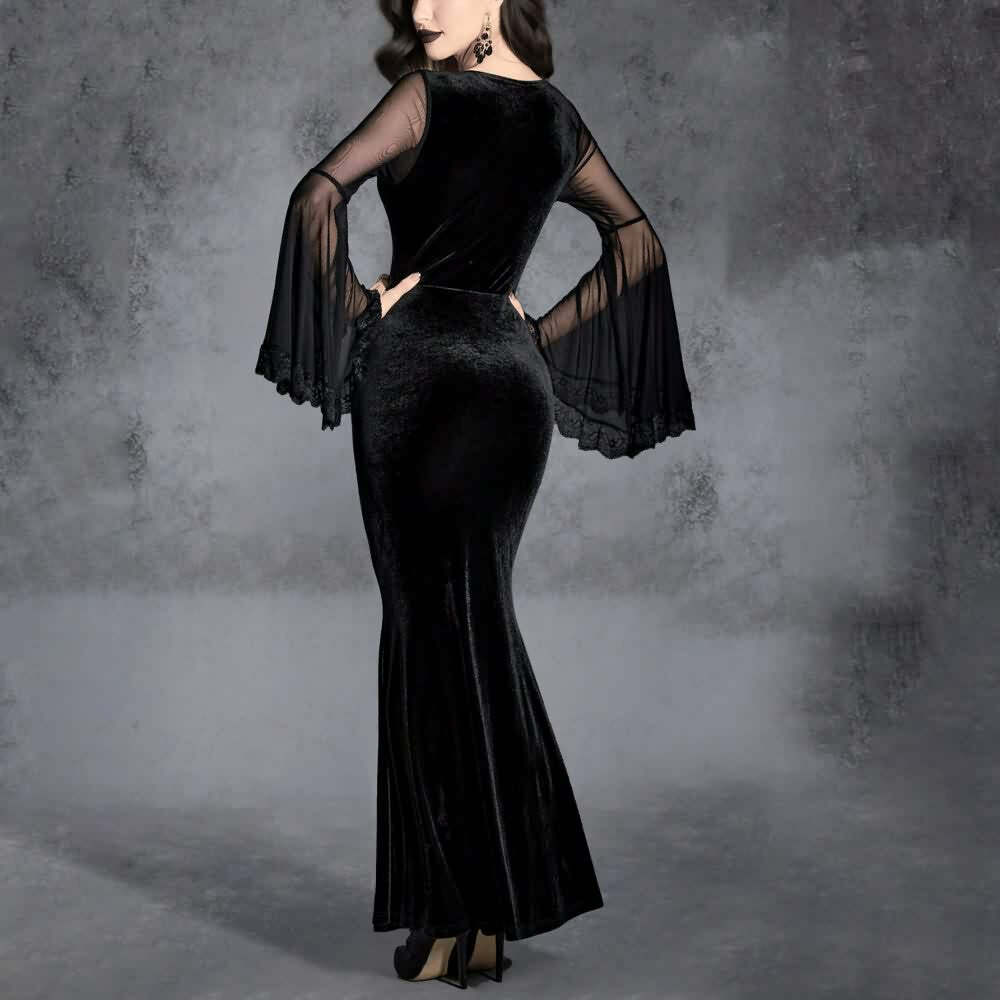 Y2K Gothic Mesh Bell Sleeve Velvet Maxi Dress - Retro 90s Grunge Party Outfit