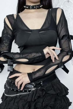 Y2K Gothic Mesh Cut Out Long Sleeve Crop Top - Retro 90s Grunge Fashion for Summer Outfits