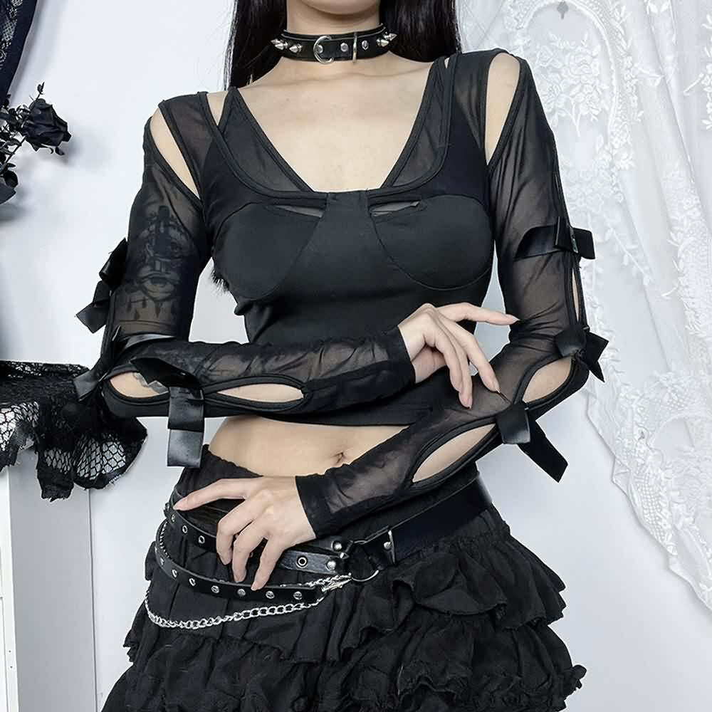 Y2K Gothic Mesh Cut Out Long Sleeve Crop Top - Retro 90s Grunge Fashion for Summer Outfits