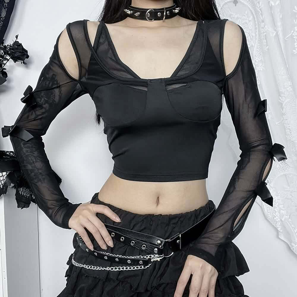 Y2K Gothic Mesh Cut Out Long Sleeve Crop Top - Retro 90s Grunge Fashion for Summer Outfits