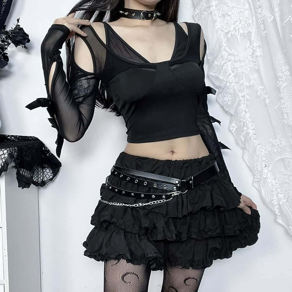 Y2K Gothic Mesh Cut Out Long Sleeve Crop Top - Retro 90s Grunge Fashion for Summer Outfits