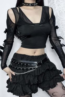 Y2K Gothic Mesh Cut Out Long Sleeve Crop Top - Retro 90s Grunge Fashion for Summer Outfits