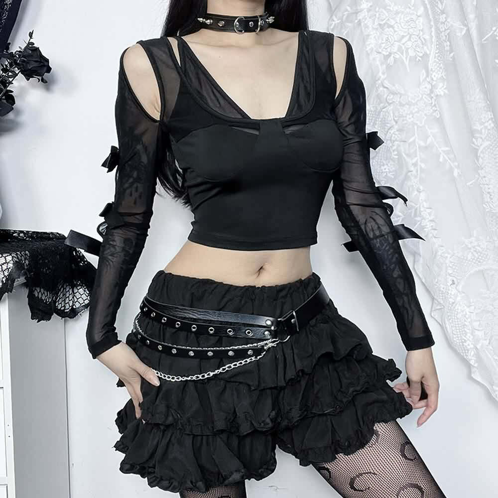 Y2K Gothic Mesh Cut Out Long Sleeve Crop Top - Retro 90s Grunge Fashion for Summer Outfits
