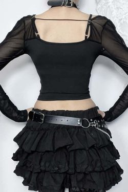 Y2K Gothic Mesh Cut Out Long Sleeve Crop Top - Retro 90s Grunge Fashion for Summer Outfits