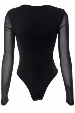 Y2K Gothic Mesh Long Sleeve Square Neck Bodysuit - 90s Grunge, Retro, and Pastel Goth Fashion