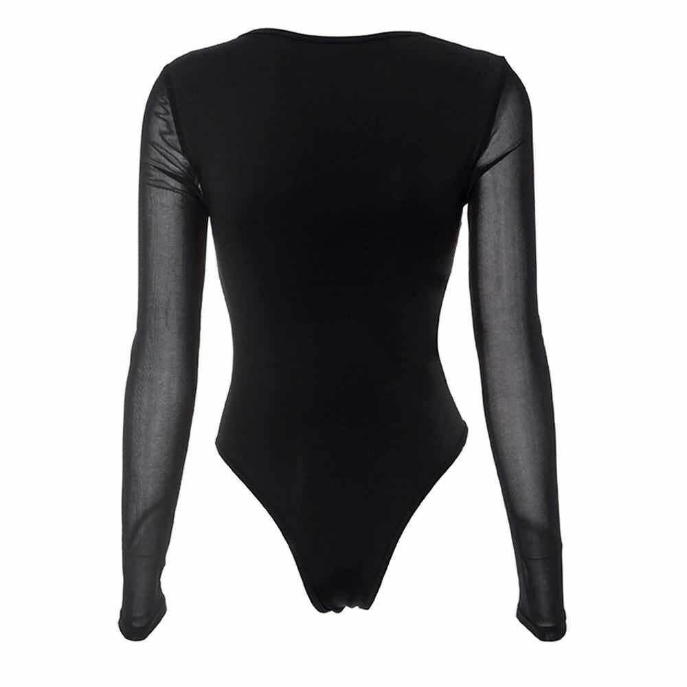 Y2K Gothic Mesh Long Sleeve Square Neck Bodysuit - 90s Grunge, Retro, and Pastel Goth Fashion