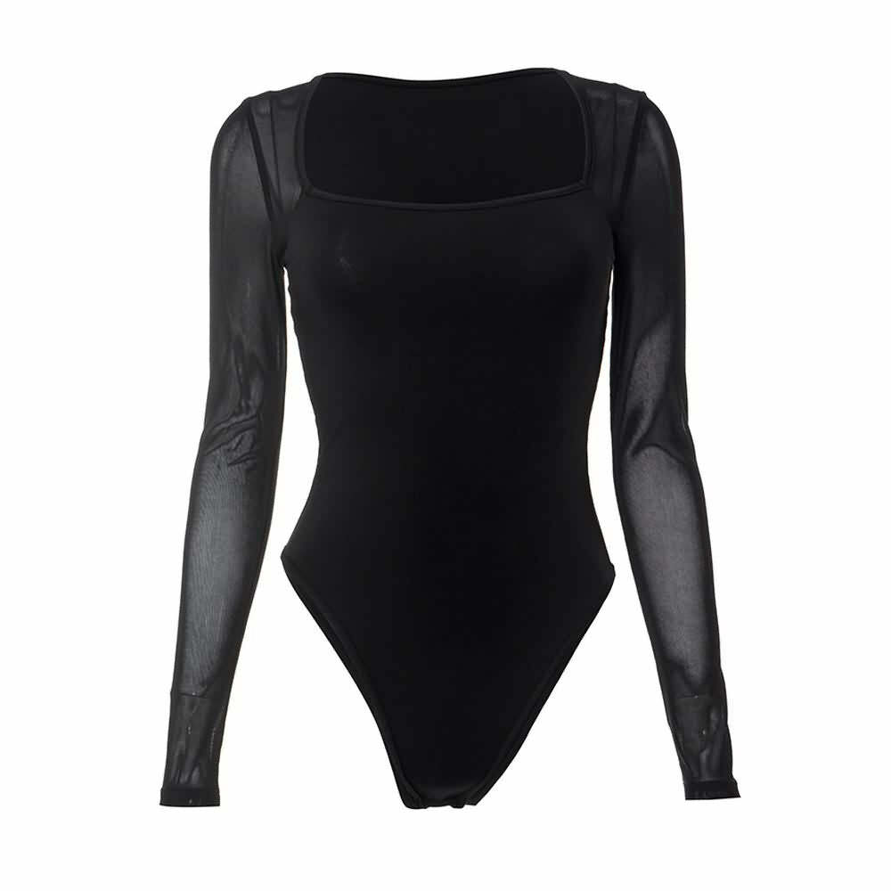 Y2K Gothic Mesh Long Sleeve Square Neck Bodysuit - 90s Grunge, Retro, and Pastel Goth Fashion