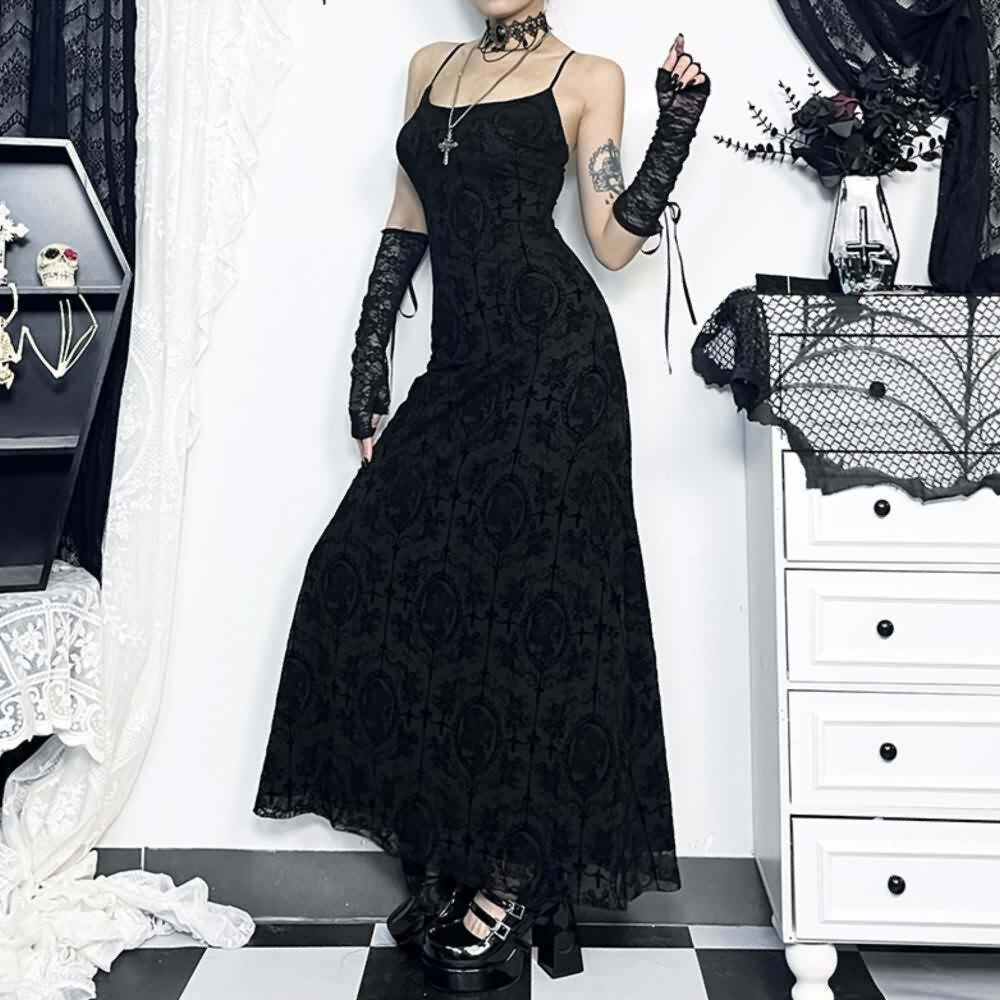 Y2K Gothic Mesh Maxi Dress - 90s Grunge, Retro Summer Outfit, Dark Y2K Fashion