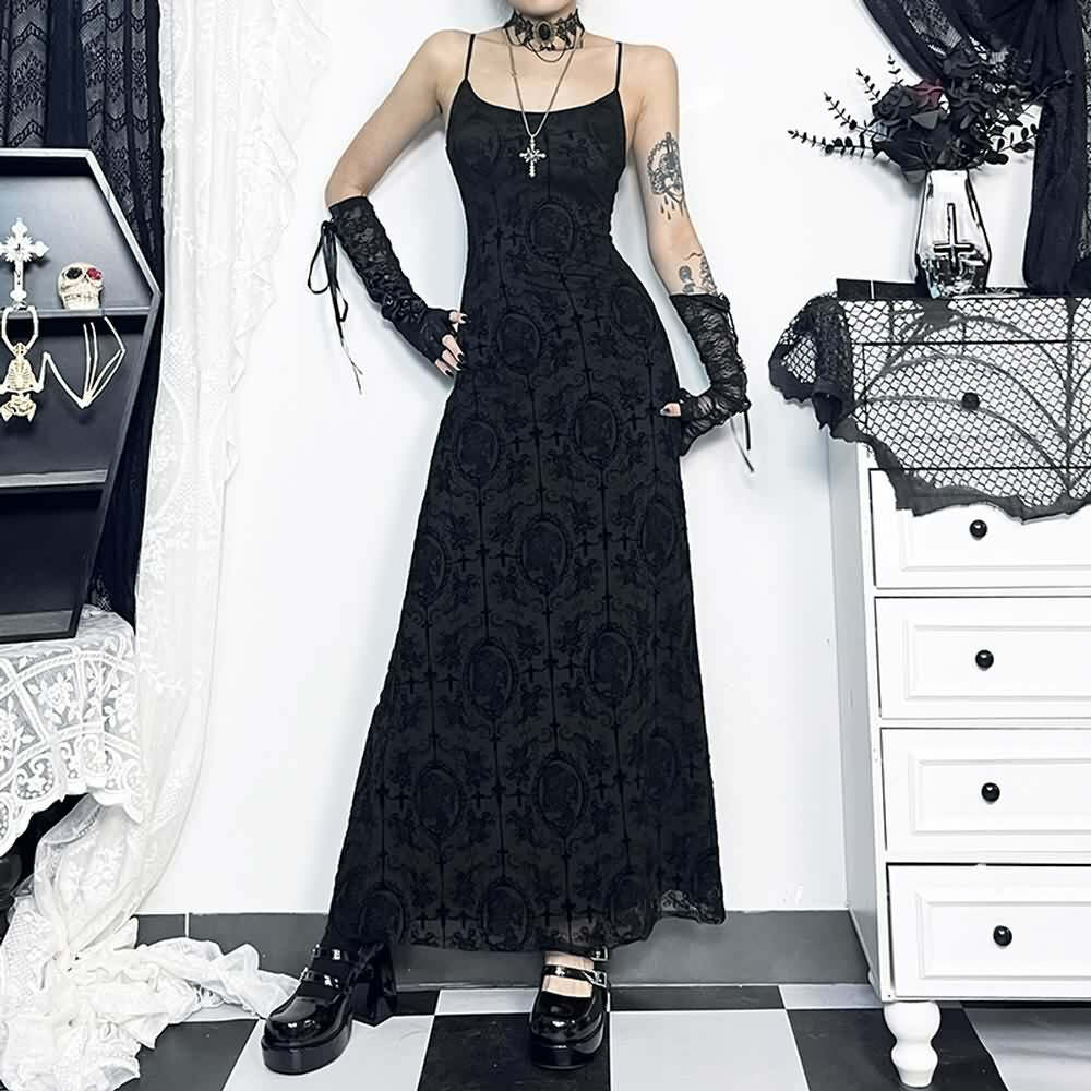 Y2K Gothic Mesh Maxi Dress - 90s Grunge, Retro Summer Outfit, Dark Y2K Fashion