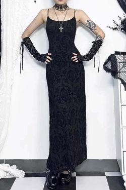 Y2K Gothic Mesh Maxi Dress - 90s Grunge, Retro Summer Outfit, Dark Y2K Fashion