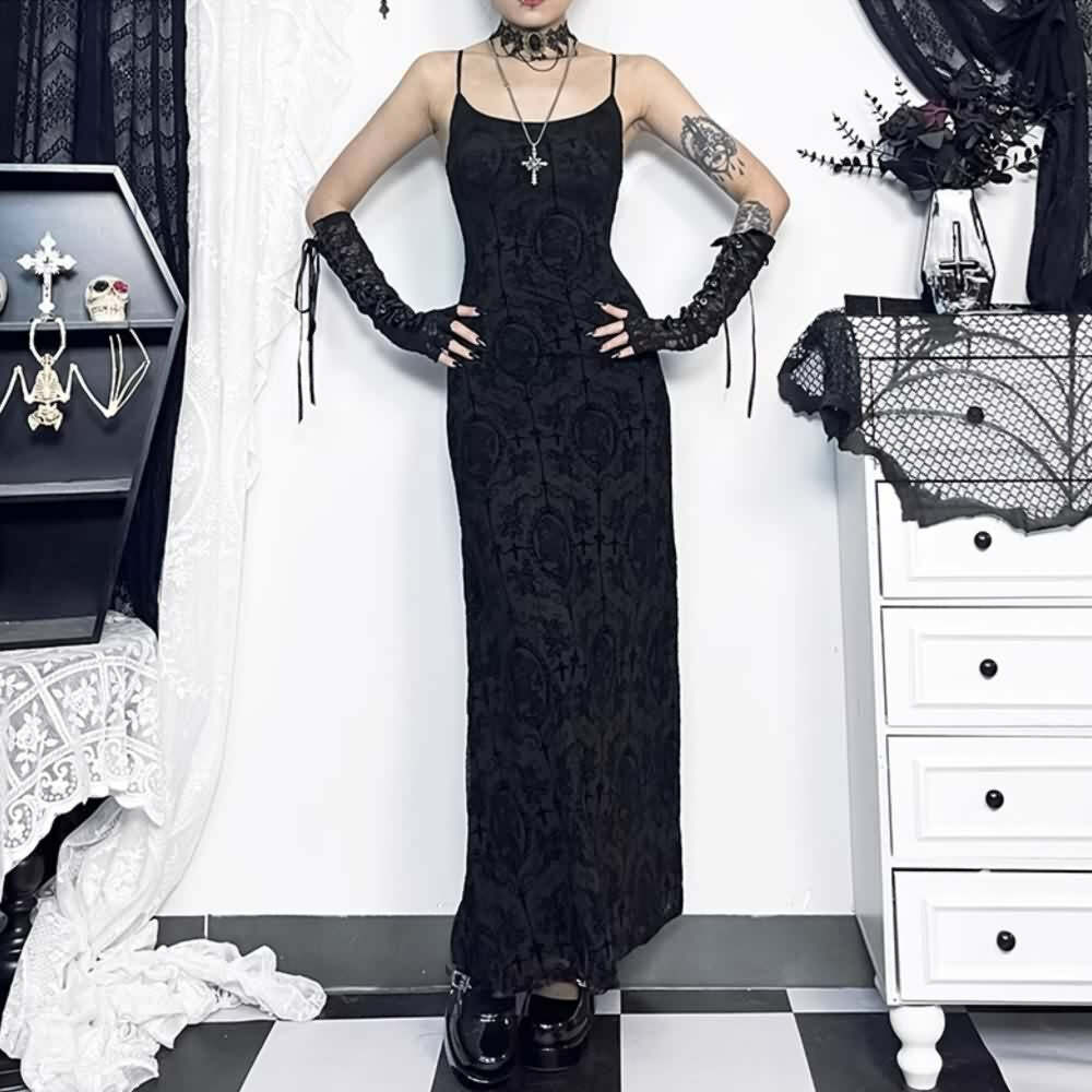 Y2K Gothic Mesh Maxi Dress - 90s Grunge, Retro Summer Outfit, Dark Y2K Fashion