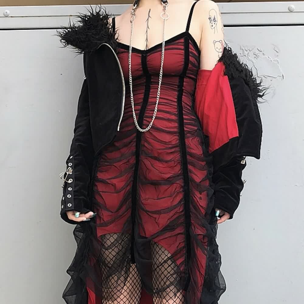 Y2K Gothic Mesh Overlay Asymmetrical Dress - 90s Grunge, Retro, Pastel Goth, Summer Party Outfit