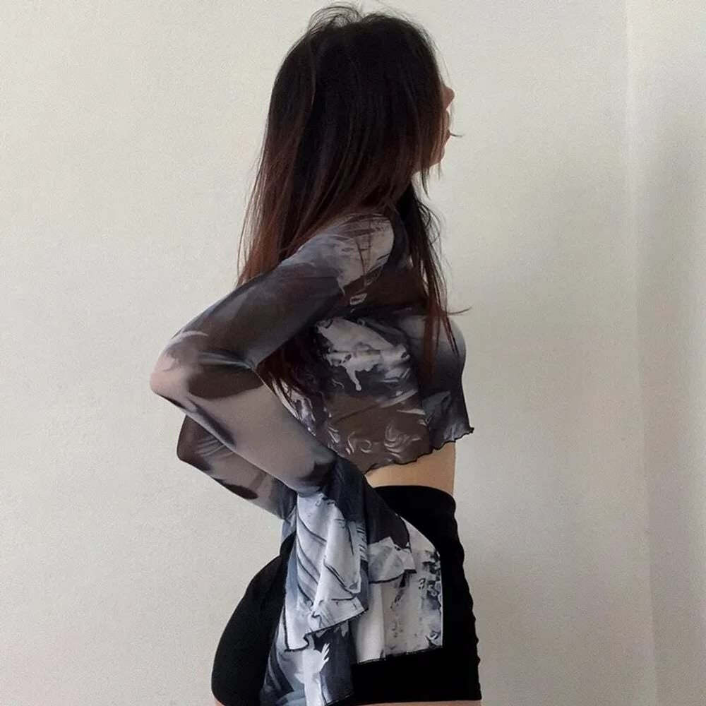 Y2K Gothic Mesh Top - Retro 90s Grunge, Summer Party, Club Outfit, Pastel Goth Fashion