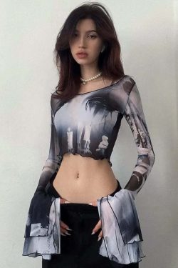 Y2K Gothic Mesh Top - Retro 90s Grunge, Summer Party, Club Outfit, Pastel Goth Fashion