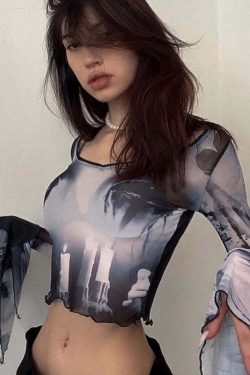 Y2K Gothic Mesh Top - Retro 90s Grunge, Summer Party, Club Outfit, Pastel Goth Fashion