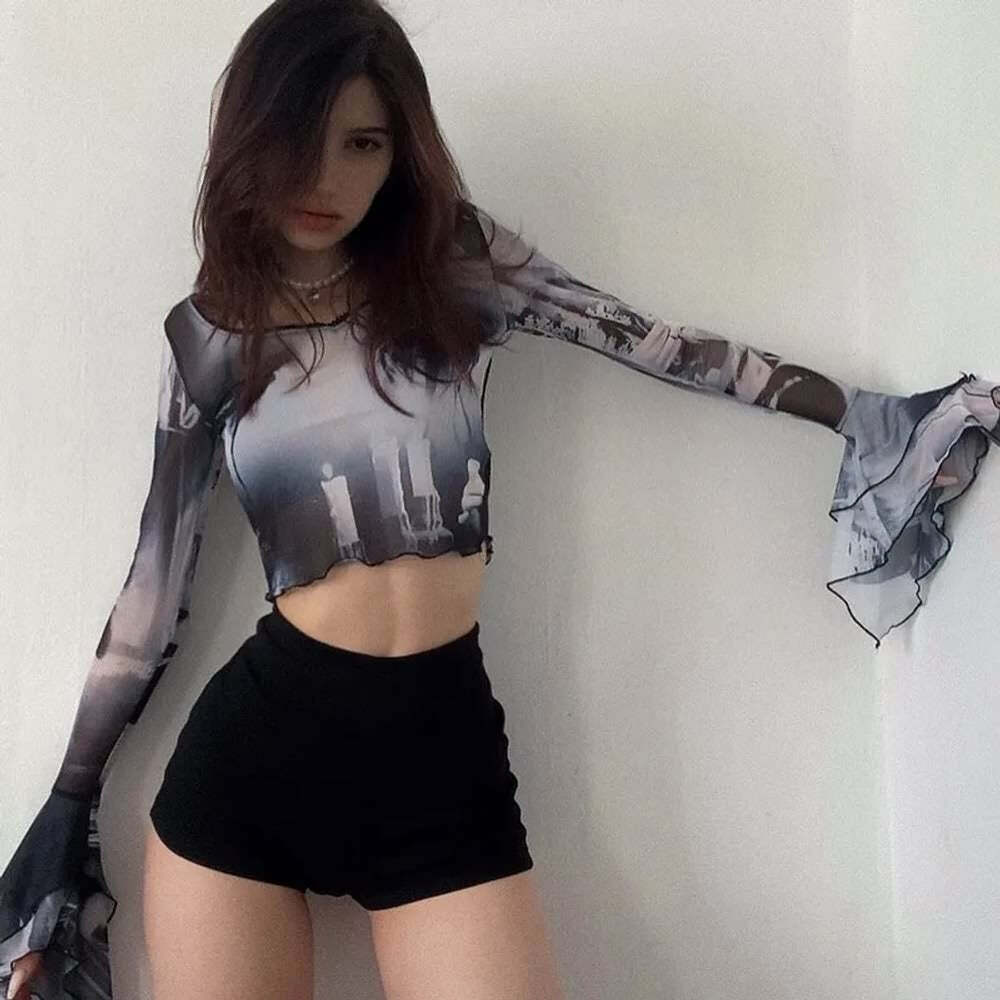 Y2K Gothic Mesh Top - Retro 90s Grunge, Summer Party, Club Outfit, Pastel Goth Fashion