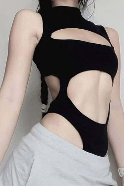 Y2K Gothic Mock Neck Cut Out Bodysuit - 90s Grunge, Retro, Pastel Goth, Y2K Party Outfit