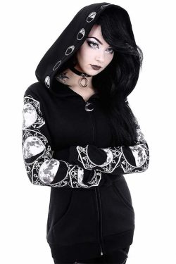 Y2K Gothic Moon Phases Zip Up Hoodie - Retro 90s Grunge, Pastel Goth, Y2K Fashion Outfit