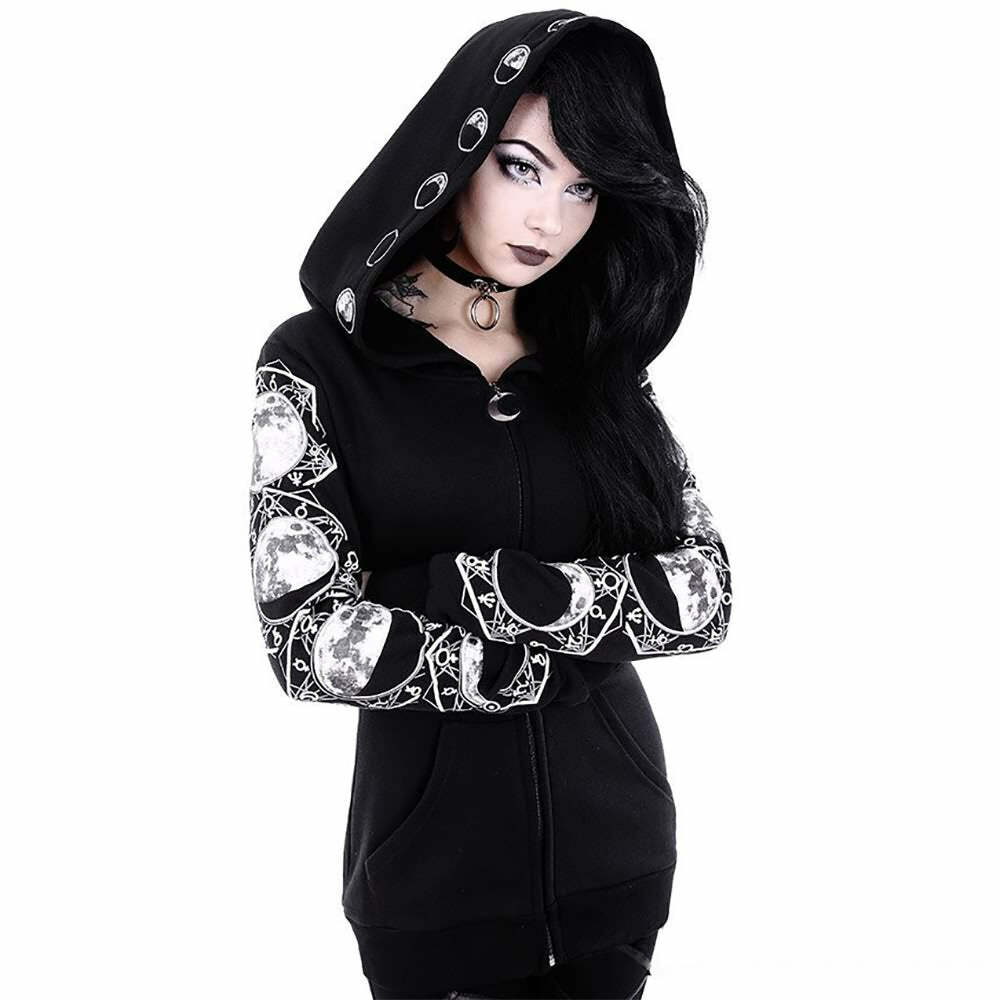 Y2K Gothic Moon Phases Zip Up Hoodie - Retro 90s Grunge, Pastel Goth, Y2K Fashion Outfit