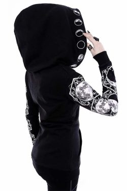 Y2K Gothic Moon Phases Zip Up Hoodie - Retro 90s Grunge, Pastel Goth, Y2K Fashion Outfit