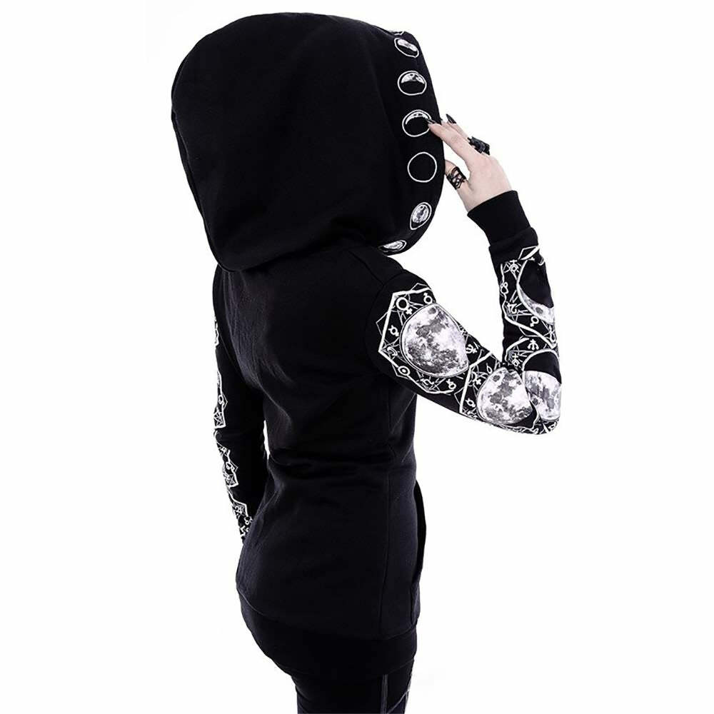 Y2K Gothic Moon Phases Zip Up Hoodie - Retro 90s Grunge, Pastel Goth, Y2K Fashion Outfit