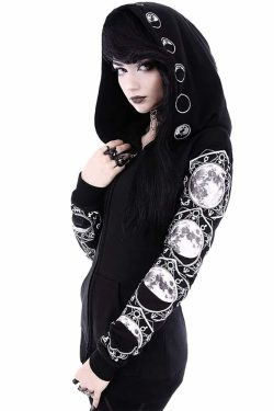 Y2K Gothic Moon Phases Zip Up Hoodie - Retro 90s Grunge, Pastel Goth, Y2K Fashion Outfit