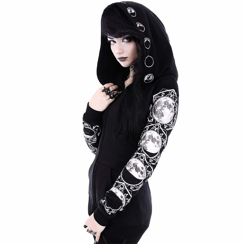 Y2K Gothic Moon Phases Zip Up Hoodie - Retro 90s Grunge, Pastel Goth, Y2K Fashion Outfit