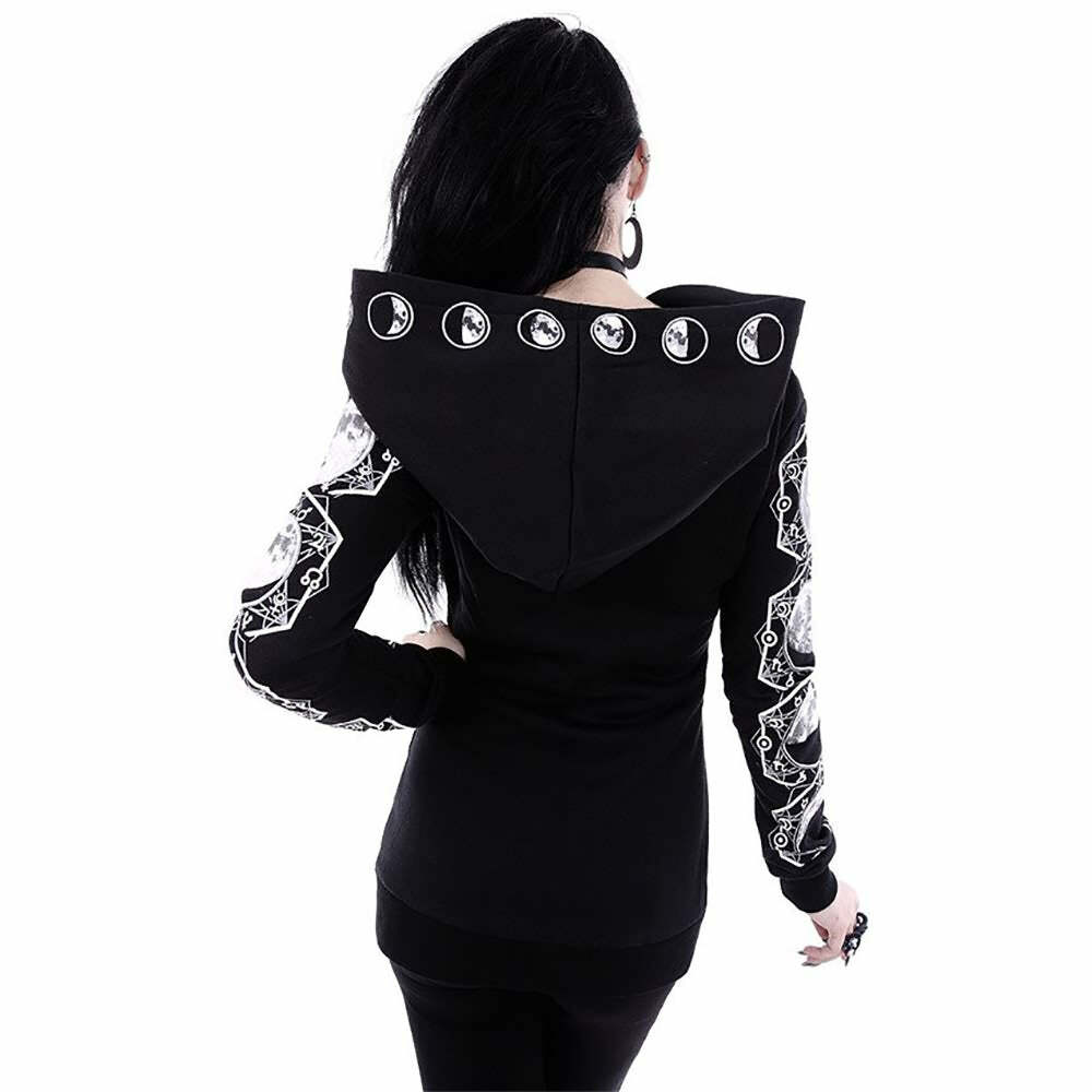 Y2K Gothic Moon Phases Zip Up Hoodie - Retro 90s Grunge, Pastel Goth, Y2K Fashion Outfit