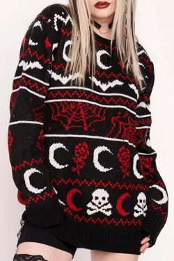 Y2K Gothic Moon Skull Knitted Sweater - Retro 90s Grunge, Dark Y2K Fashion, Pastel Goth Style