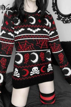 Y2K Gothic Moon Skull Knitted Sweater - Retro 90s Grunge, Dark Y2K Fashion, Pastel Goth Style