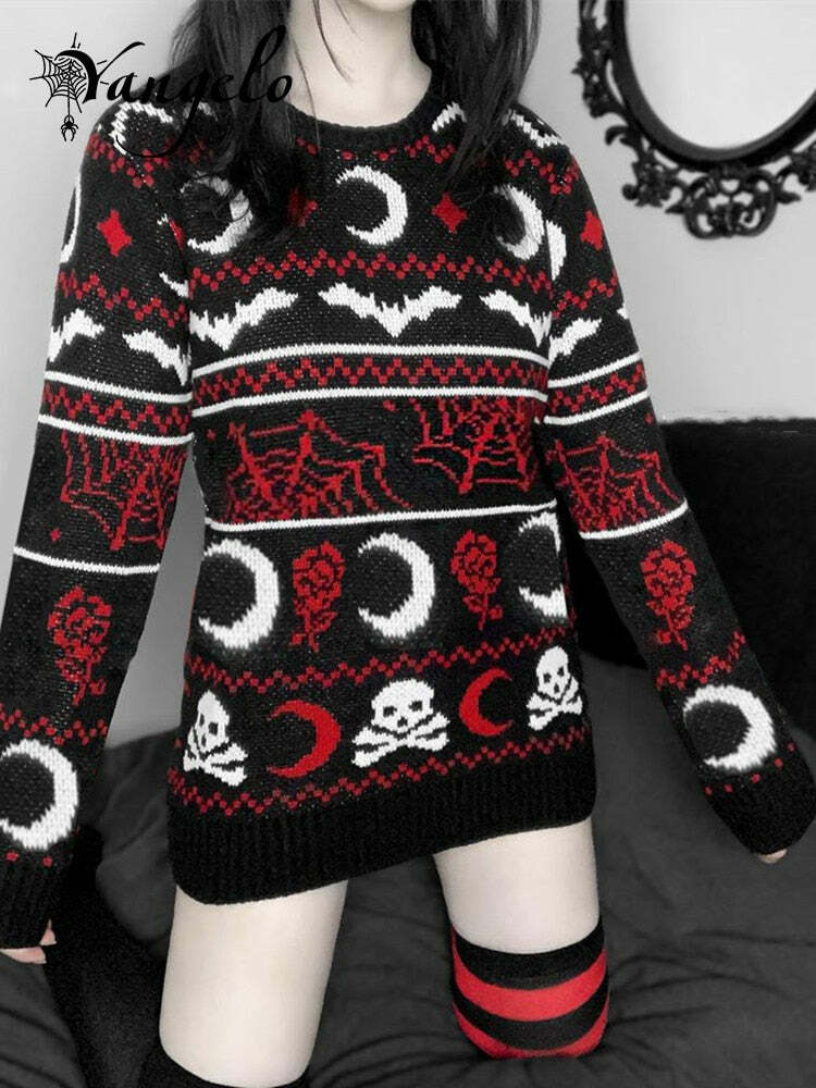 Y2K Gothic Moon Skull Knitted Sweater - Retro 90s Grunge, Dark Y2K Fashion, Pastel Goth Style