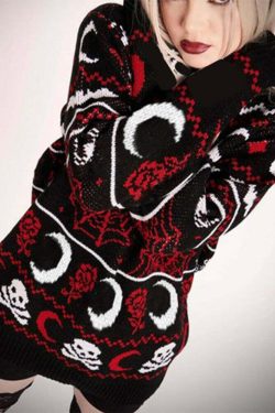 Y2K Gothic Moon Skull Knitted Sweater - Retro 90s Grunge, Dark Y2K Fashion, Pastel Goth Style