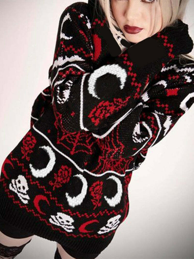 Y2K Gothic Moon Skull Knitted Sweater - Retro 90s Grunge, Dark Y2K Fashion, Pastel Goth Style